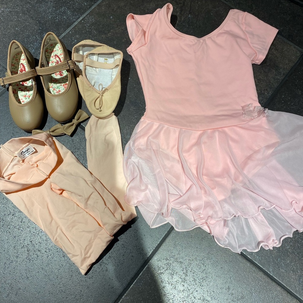 Capezio leotard size Medium, tap shoes size 10, dance shoes size 9.5, tights 2-6
